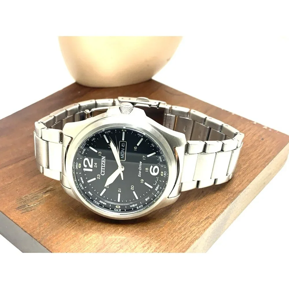 Citizen Men's Watch AW0110-58E Eco Drive Black Dial Day Date Silver Steel 44mm